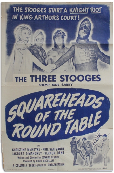 27'' x 41'' One-Sheet Poster for The Three Stooges Film ''Squareheads of the Round Table'', Columbia 1948 -- NSS# 48/5058 -- Chipping & Closed Tears to Margins, Tear at Bottom Repaired, Good Plus
